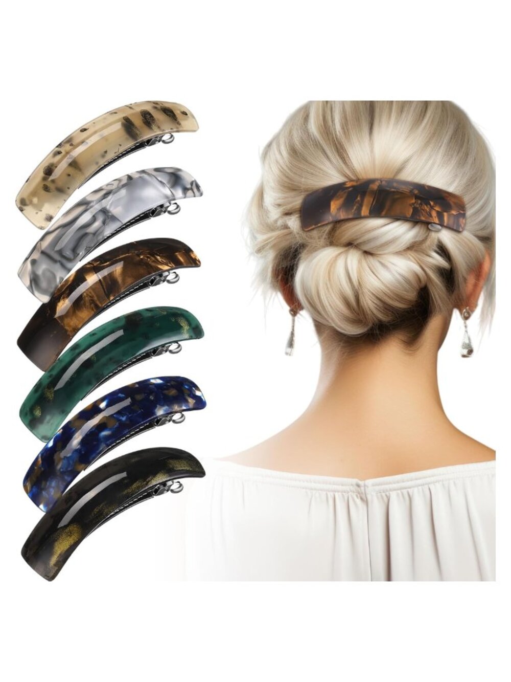 6 Pc Large Automatic Hair Barrette Set Acrylic Metal Clamp Clips